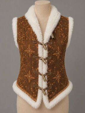 BoHo CHIC Faux Fur Tooth Toggle accent Floral Brown Cream Layering Vest Jacket S